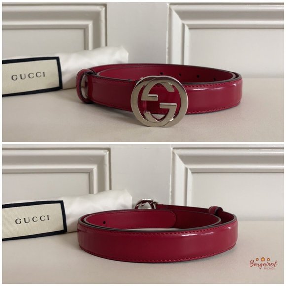 Authentic Gucci Red Calfskin Leather Silver Interlocking G Buckle Belt 80/32 - Picture 3 of 13